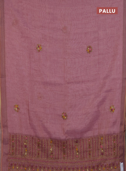 Linen cotton saree light pink with embroidery buttas and zari woven border