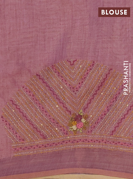 Linen cotton saree light pink with embroidery buttas and zari woven border