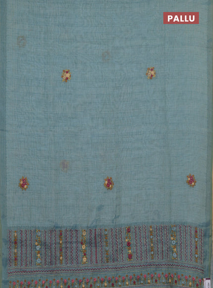 Linen cotton saree blue shade with embroidery buttas and zari woven border