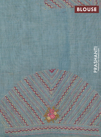 Linen cotton saree blue shade with embroidery buttas and zari woven border