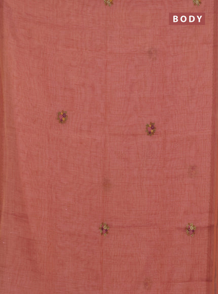 Linen cotton saree peach shade with embroidery buttas and zari woven border