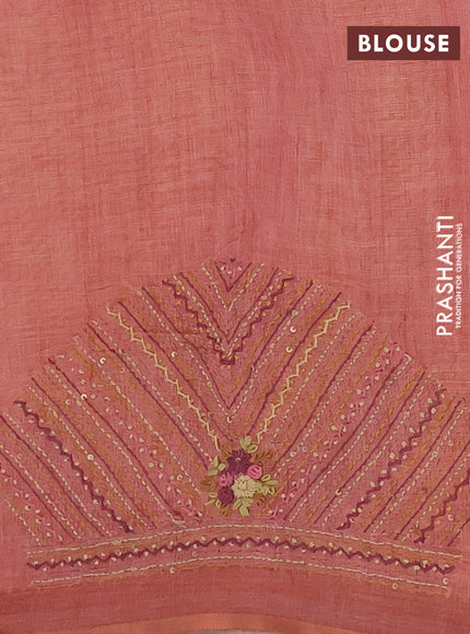 Linen cotton saree peach shade with embroidery buttas and zari woven border