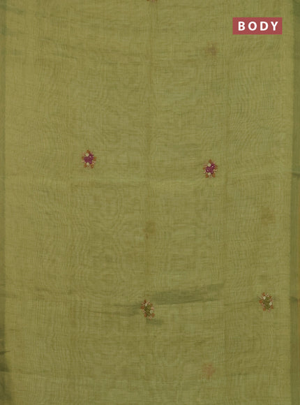 Linen cotton saree light green with embroidery buttas and zari woven border