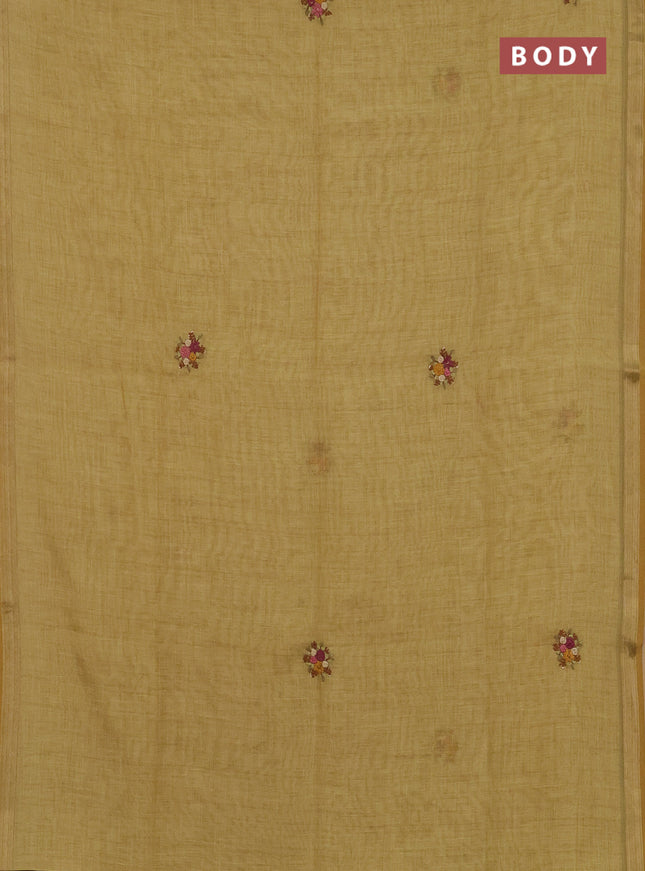 Linen cotton saree mustard yelllow with embroidery buttas and zari woven border