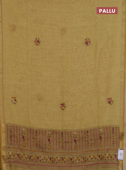 Linen cotton saree mustard yelllow with embroidery buttas and zari woven border