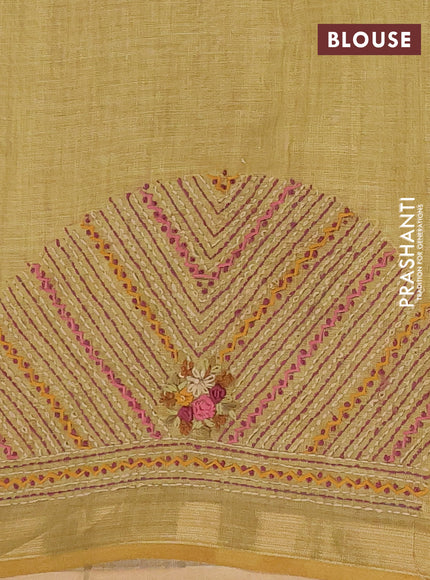 Linen cotton saree mustard yelllow with embroidery buttas and zari woven border