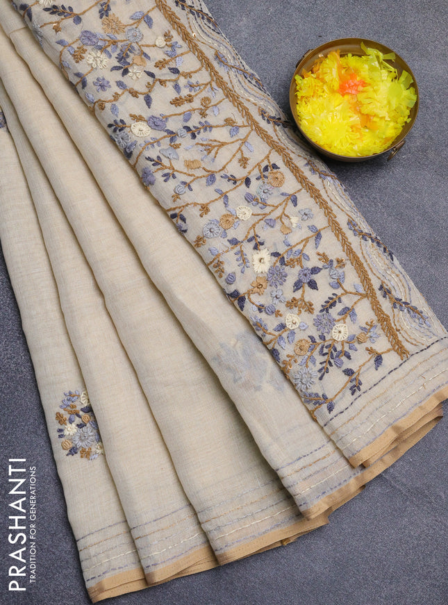 Linen cotton saree cream and grey with embroidery buttas and kanth stitch work border