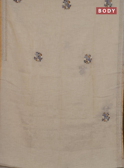 Linen cotton saree cream and grey with embroidery buttas and kanth stitch work border