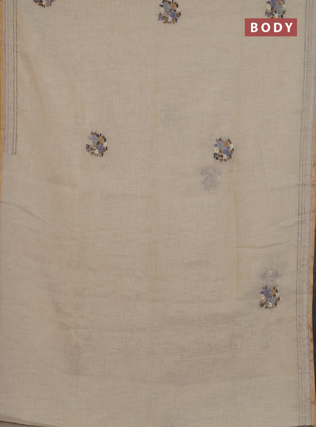 Linen cotton saree cream and grey with embroidery buttas and kanth stitch work border