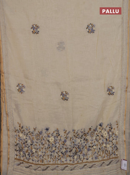 Linen cotton saree cream and grey with embroidery buttas and kanth stitch work border