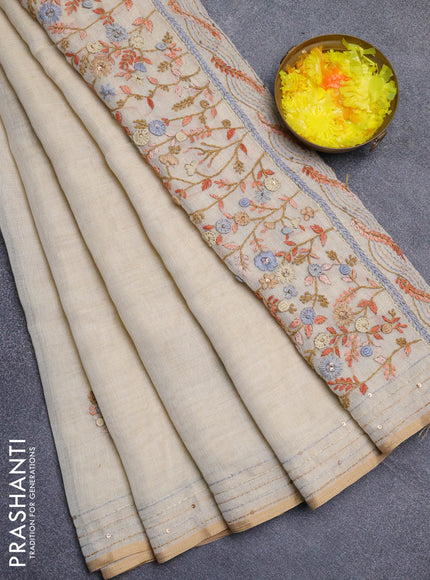 Linen cotton saree cream and rust shade with embroidery buttas and kanth stitch work border