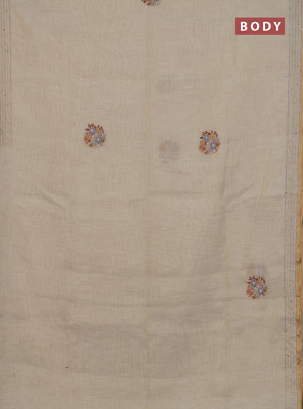 Linen cotton saree cream and rust shade with embroidery buttas and kanth stitch work border