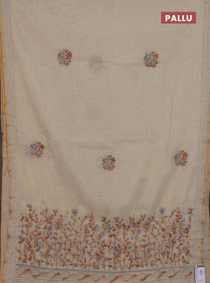 Linen cotton saree cream and rust shade with embroidery buttas and kanth stitch work border