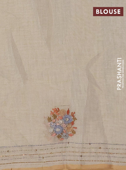 Linen cotton saree cream and rust shade with embroidery buttas and kanth stitch work border