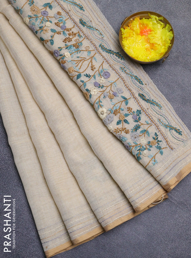 Linen cotton saree cream and blue with embroidery buttas and kanth stitch work border