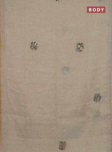Linen cotton saree cream and blue with embroidery buttas and kanth stitch work border