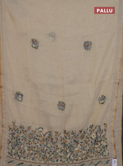 Linen cotton saree cream and blue with embroidery buttas and kanth stitch work border