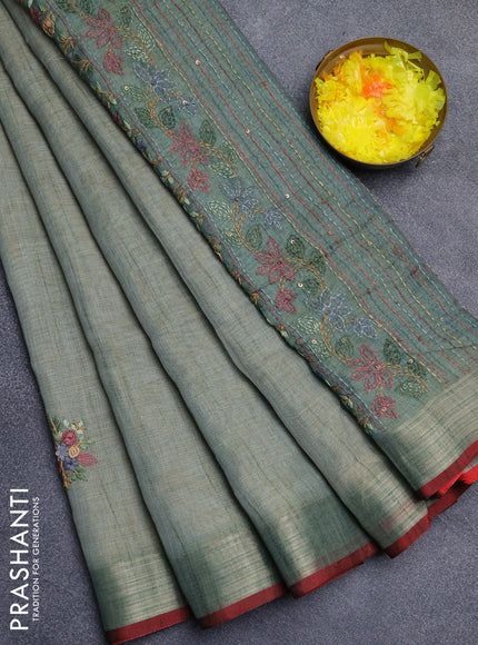 Linen cotton saree pastel blue and maroon with embroidery buttas and zari woven border