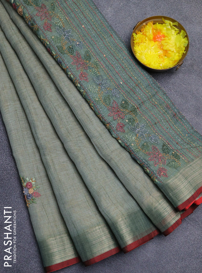 Linen cotton saree pastel blue and maroon with embroidery buttas and zari woven border