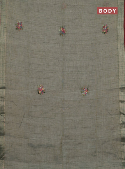 Linen cotton saree pastel blue and maroon with embroidery buttas and zari woven border