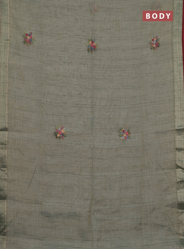 Linen cotton saree pastel blue and maroon with embroidery buttas and zari woven border