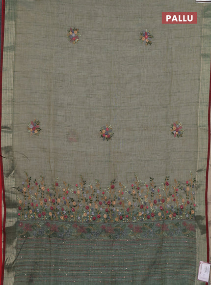 Linen cotton saree pastel blue and maroon with embroidery buttas and zari woven border