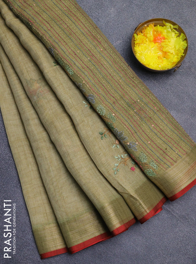 Linen cotton saree light green and maroon with embroidery buttas and zari woven border