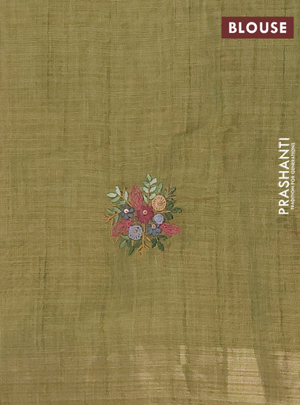 Linen cotton saree light green and maroon with embroidery buttas and zari woven border