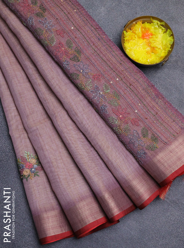 Linen cotton saree light pink and maroon with embroidery buttas and zari woven border