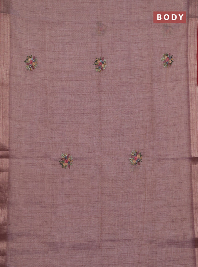Linen cotton saree light pink and maroon with embroidery buttas and zari woven border