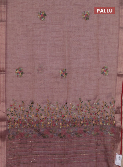 Linen cotton saree light pink and maroon with embroidery buttas and zari woven border
