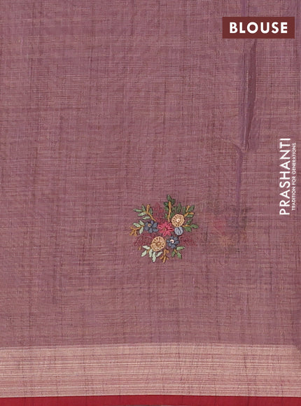 Linen cotton saree light pink and maroon with embroidery buttas and zari woven border