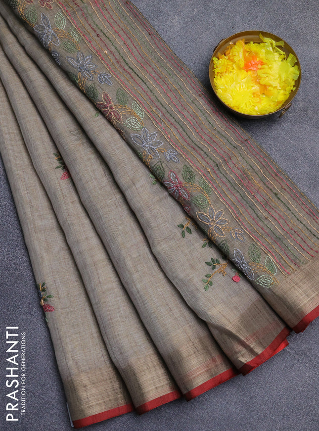 Linen cotton saree grey and maroon with embroidery buttas and zari woven border
