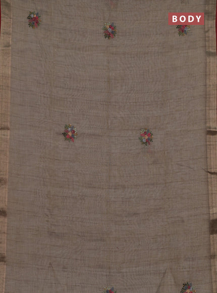 Linen cotton saree grey and maroon with embroidery buttas and zari woven border