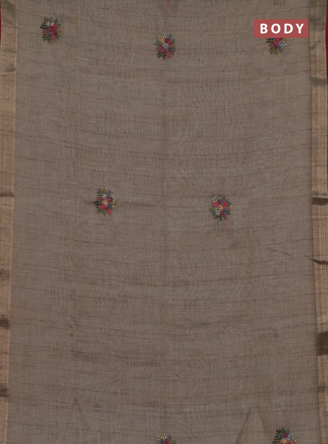 Linen cotton saree grey and maroon with embroidery buttas and zari woven border