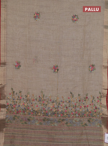 Linen cotton saree grey and maroon with embroidery buttas and zari woven border
