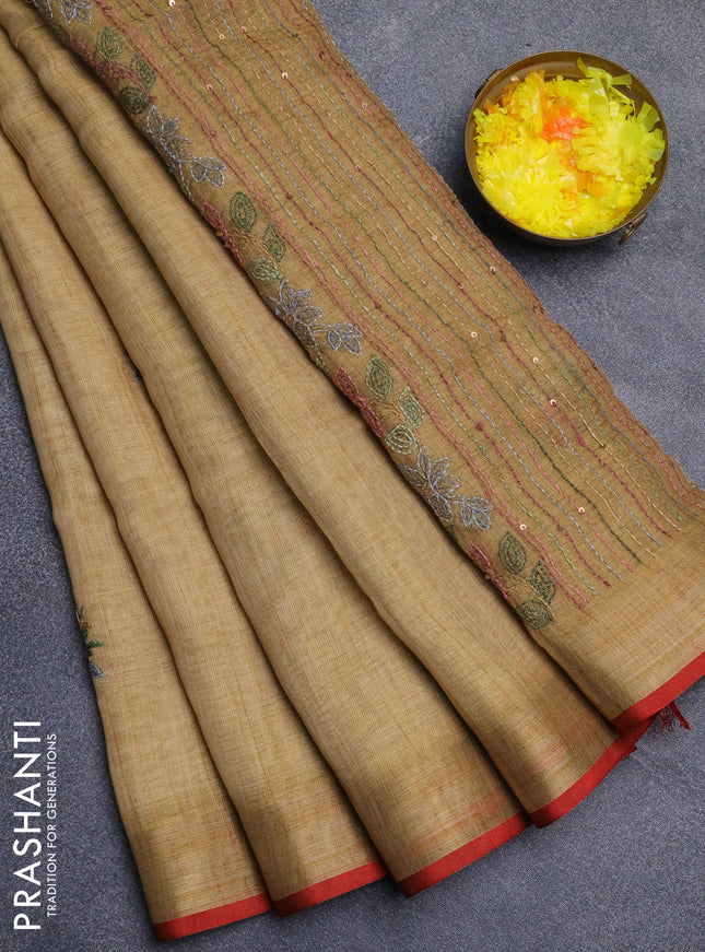 Linen cotton saree mustard yellow and maroon with embroidery buttas and zari woven border
