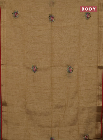 Linen cotton saree mustard yellow and maroon with embroidery buttas and zari woven border
