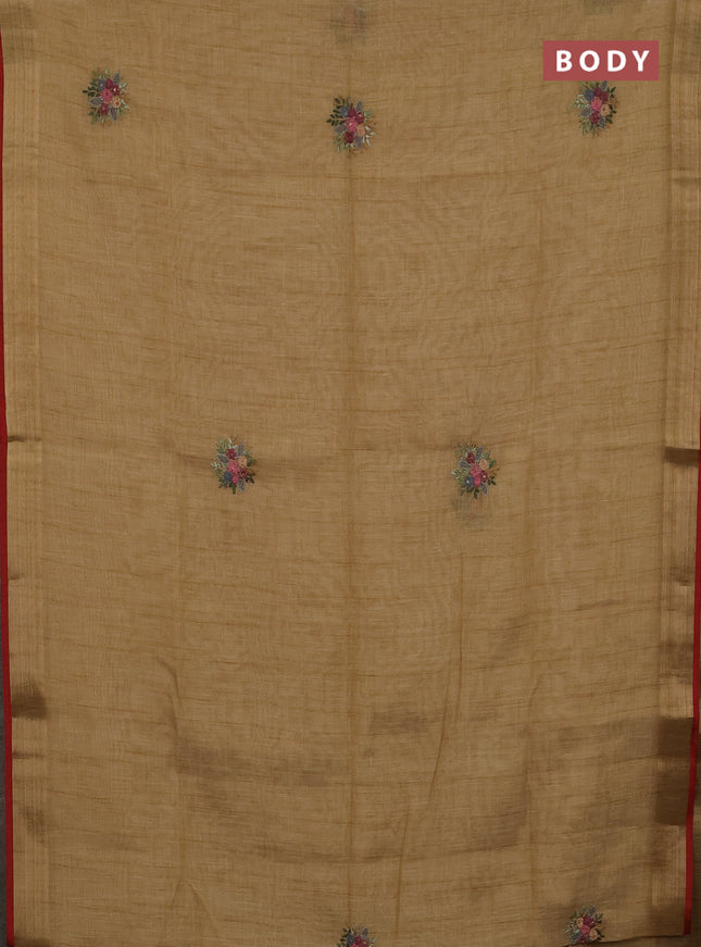 Linen cotton saree mustard yellow and maroon with embroidery buttas and zari woven border