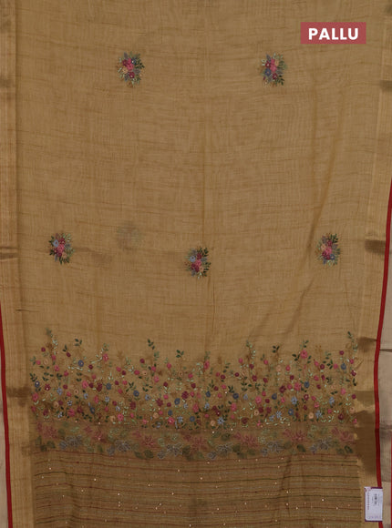 Linen cotton saree mustard yellow and maroon with embroidery buttas and zari woven border