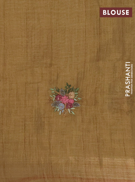 Linen cotton saree mustard yellow and maroon with embroidery buttas and zari woven border