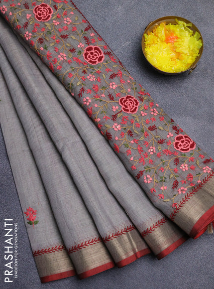 Linen cotton saree grey shade and maroon with embroidery buttas and zari woven border