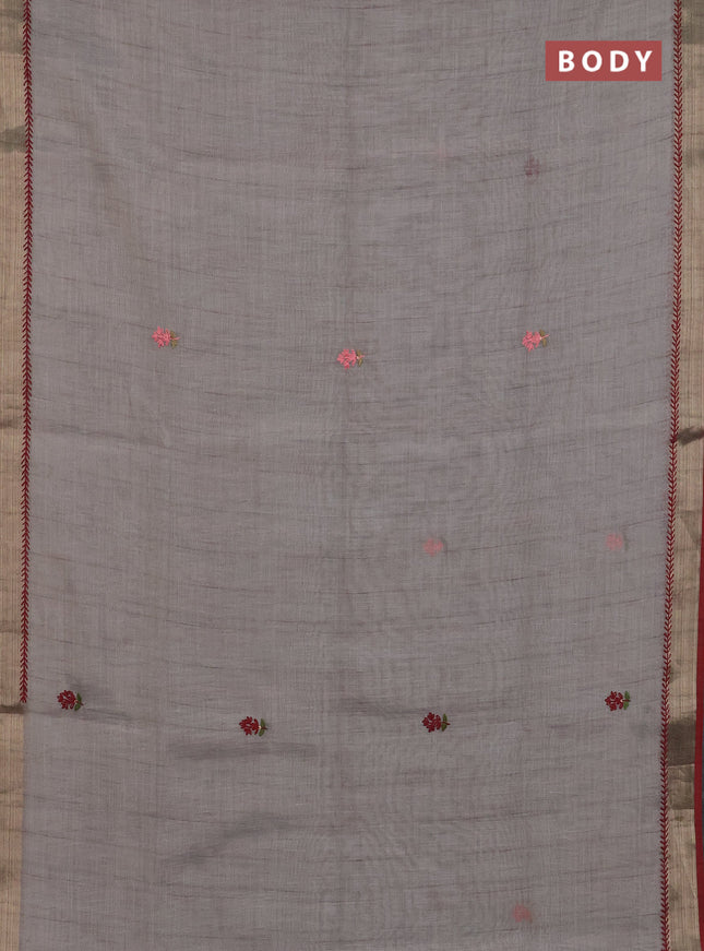 Linen cotton saree grey shade and maroon with embroidery buttas and zari woven border
