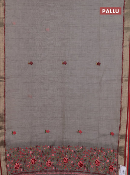 Linen cotton saree grey shade and maroon with embroidery buttas and zari woven border