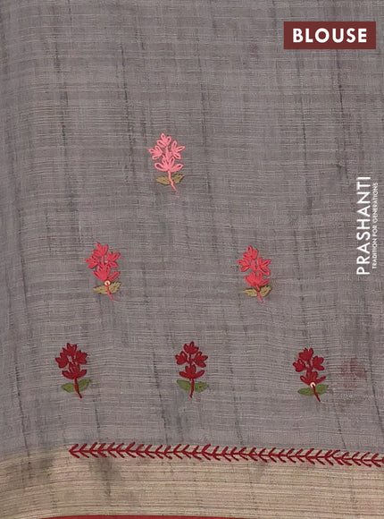 Linen cotton saree grey shade and maroon with embroidery buttas and zari woven border