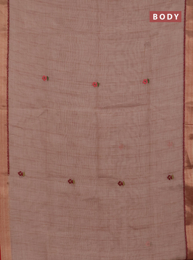Linen cotton saree red shade and red with embroidery buttas and zari woven border