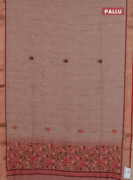 Linen cotton saree red shade and red with embroidery buttas and zari woven border