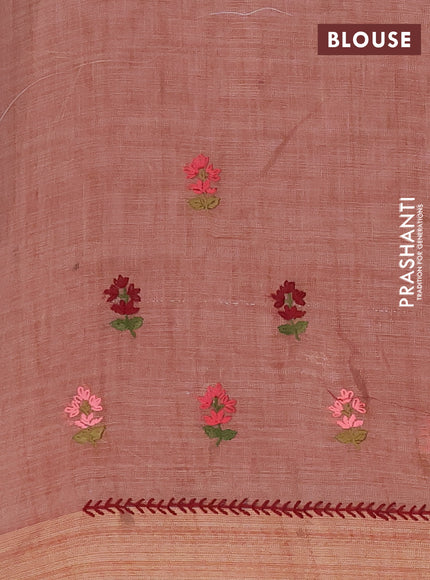 Linen cotton saree red shade and red with embroidery buttas and zari woven border