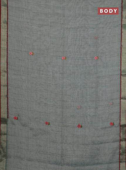 Linen cotton saree pastel blue and maroon with embroidery buttas and zari woven border