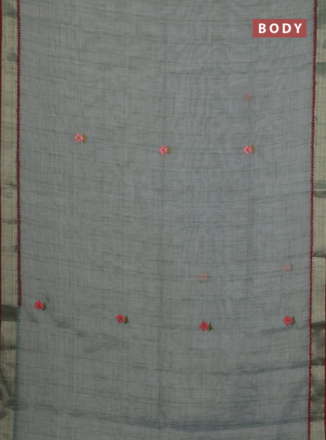 Linen cotton saree pastel blue and maroon with embroidery buttas and zari woven border